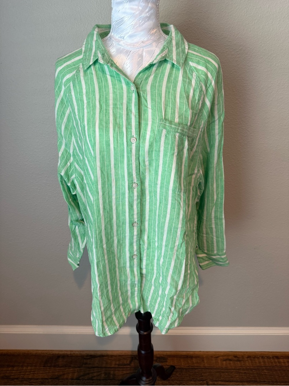 aerie Green and White Striped Button-Down Shirt
